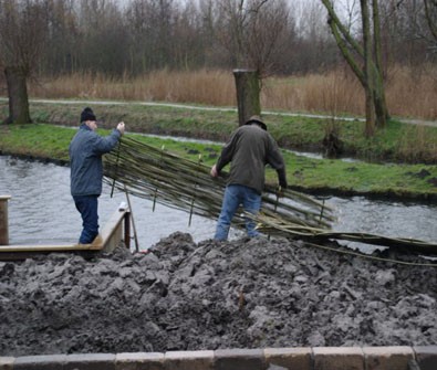 Het plaatsen van een plasberm achter een klassieke beschoeiing met wilgenteen matten.